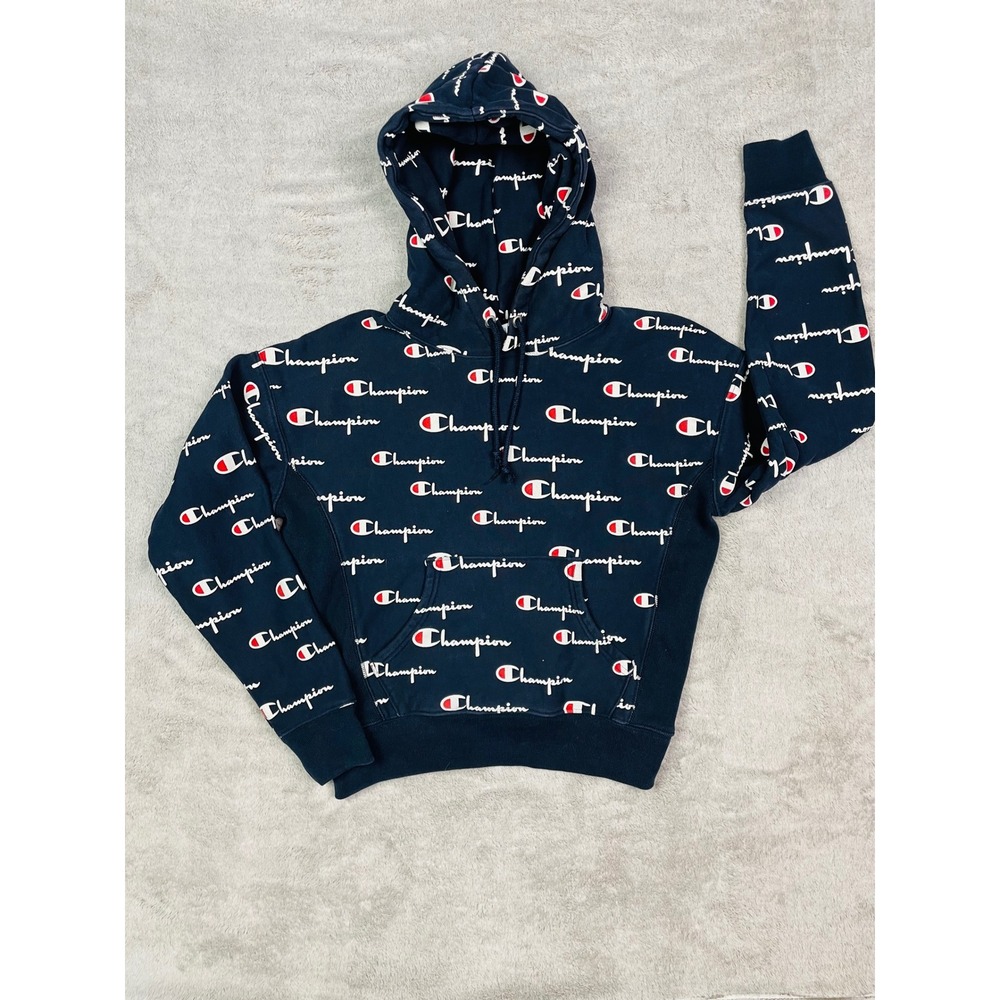 Champion Reverse Weave Women's Hoodie Small S Navy Blue All Over Print Script